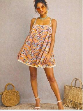 Kimchi Blue Urban Outfitters Orange Floral Embroidered Babydoll Mini Dress M